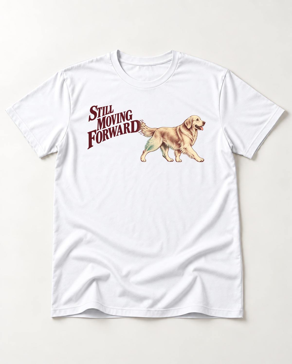 Golden Retriever Still Moving Forward T-Shirt in White, flat lay product photo