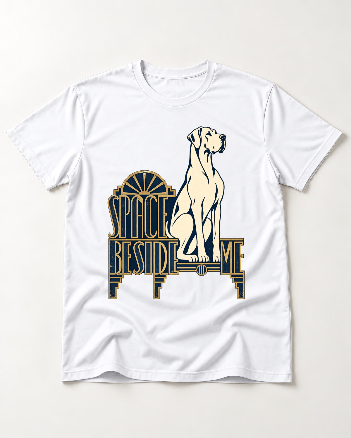 Great Dane's Space Beside Me T-Shirt in White, flat lay product photo