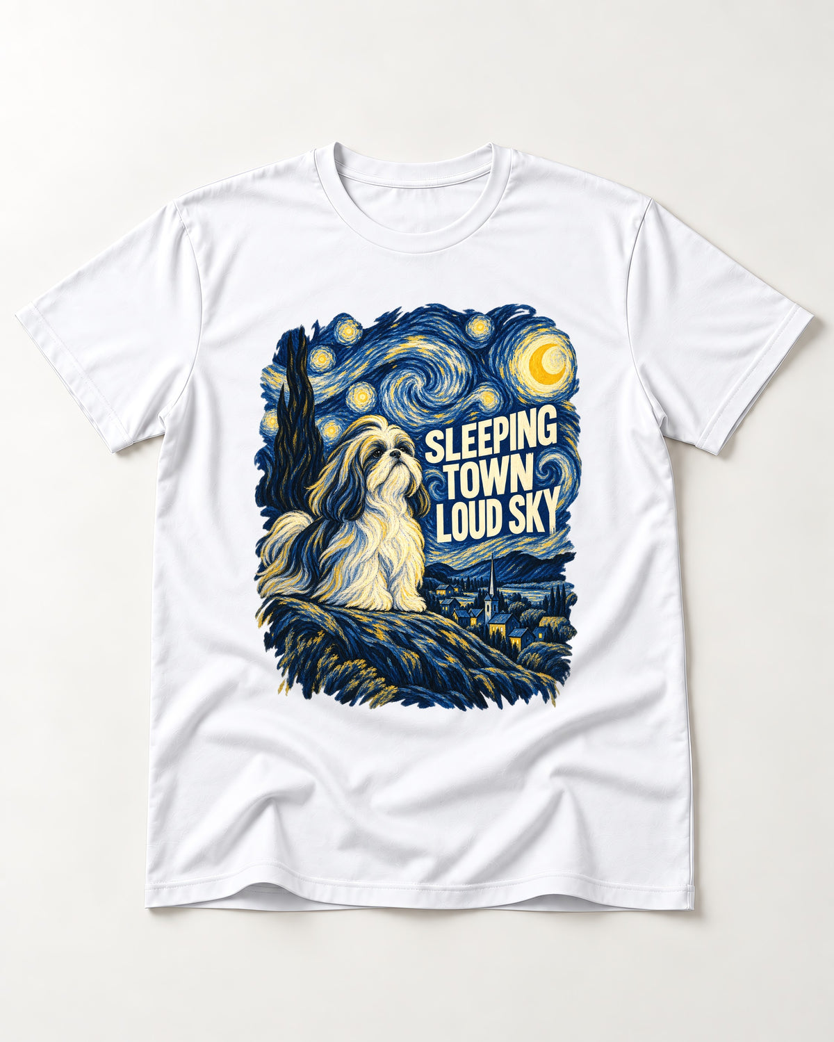Shih Tzu Sleeping Town Loud Sky Swirling Night Graphic T-Shirt in White, flat lay product photo
