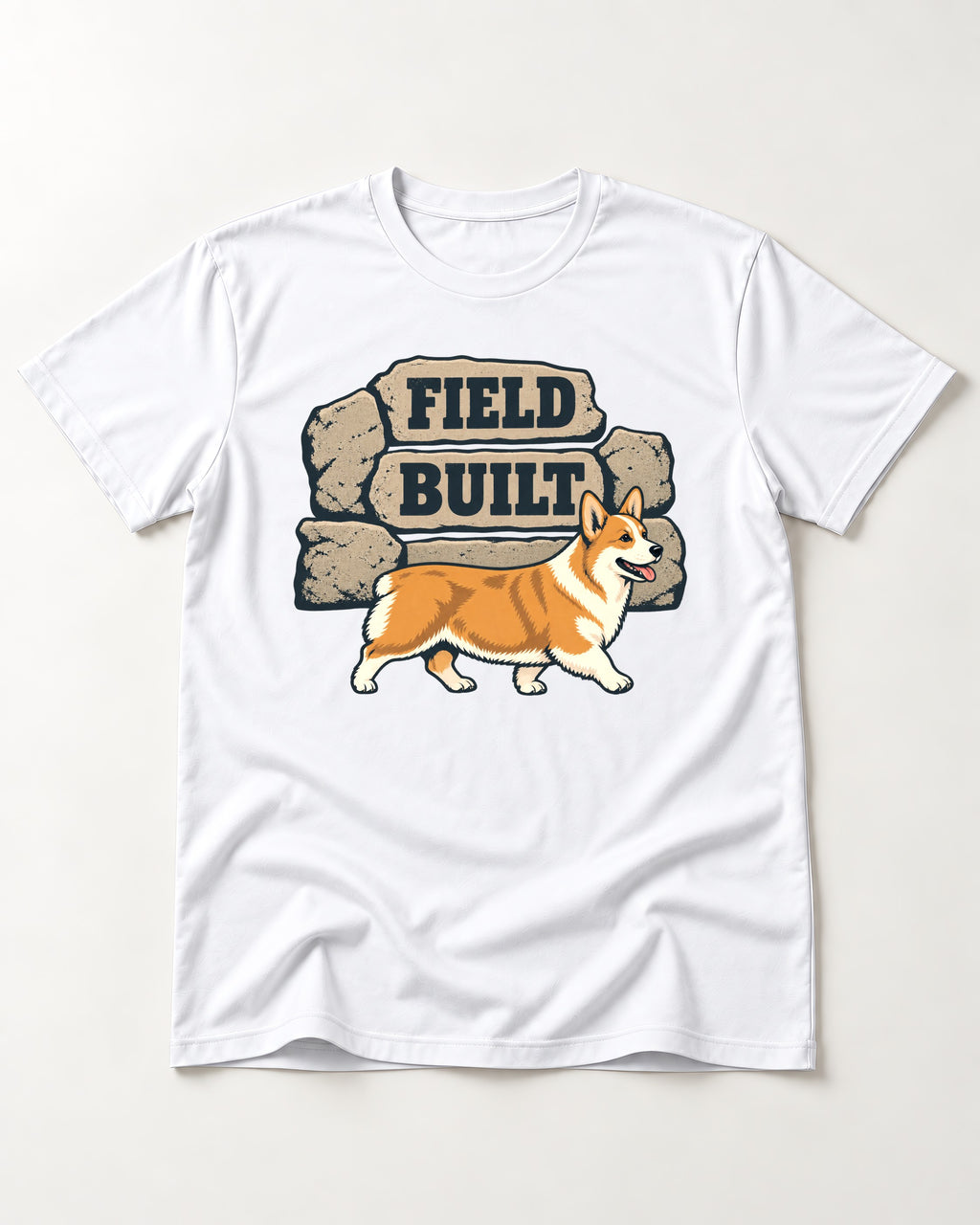 Field Built Corgi T-Shirt in White, flat lay product photo