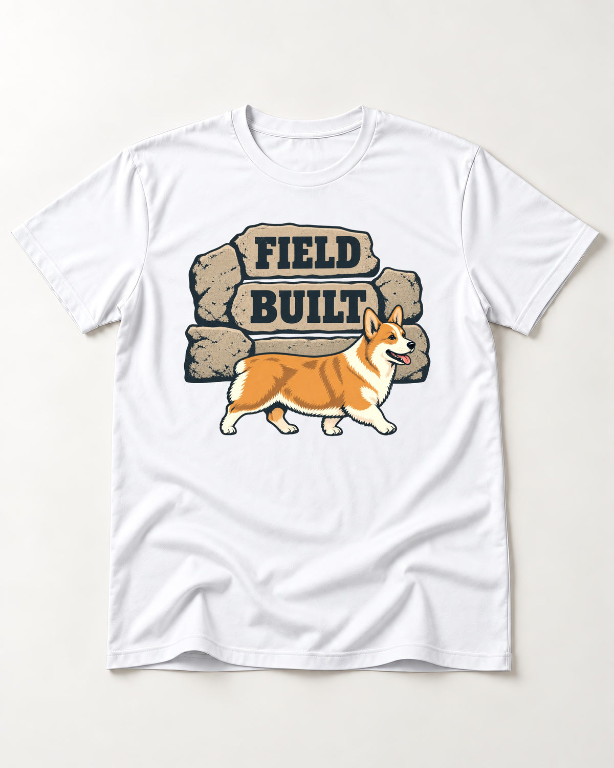 Field Built Corgi T-Shirt in White, flat lay product photo