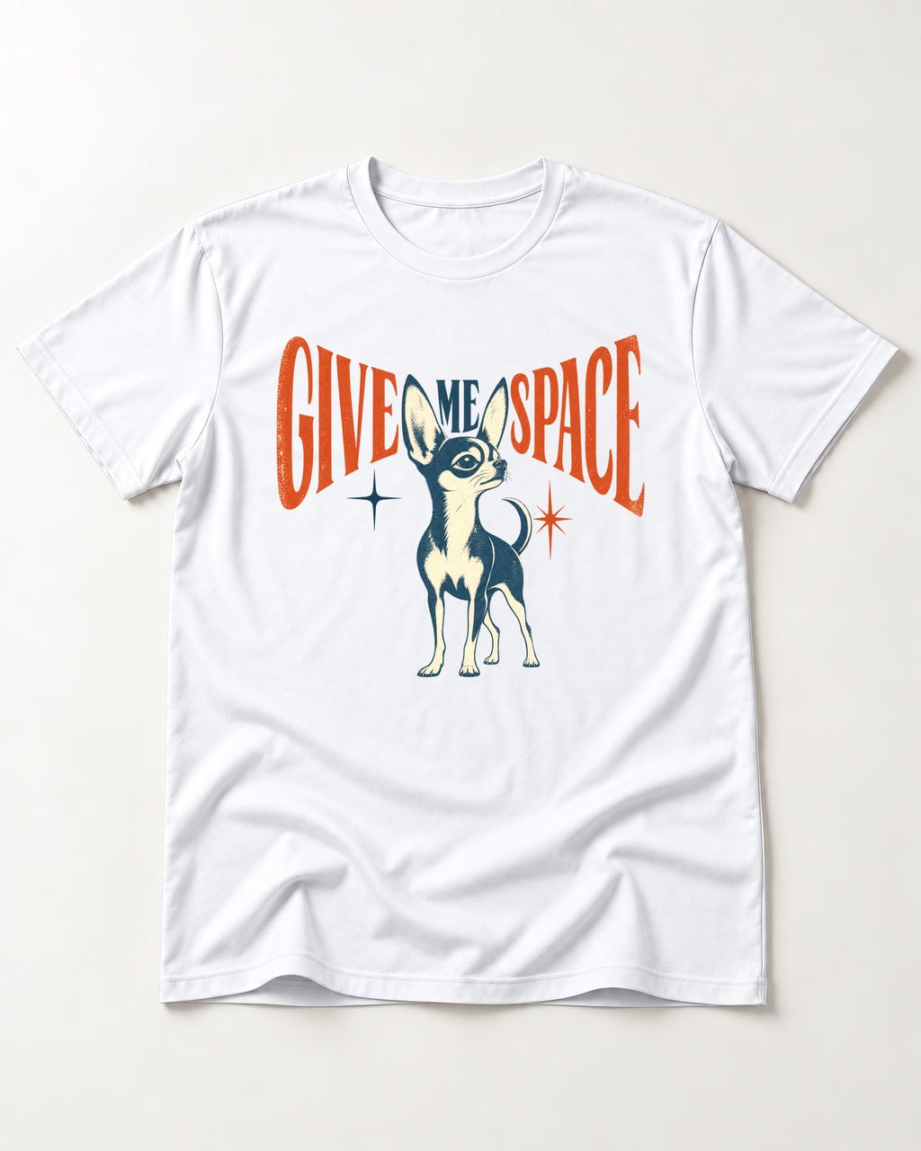 Chihuahua Give Me Space Starburst Graphic T-Shirt in White, flat lay product photo