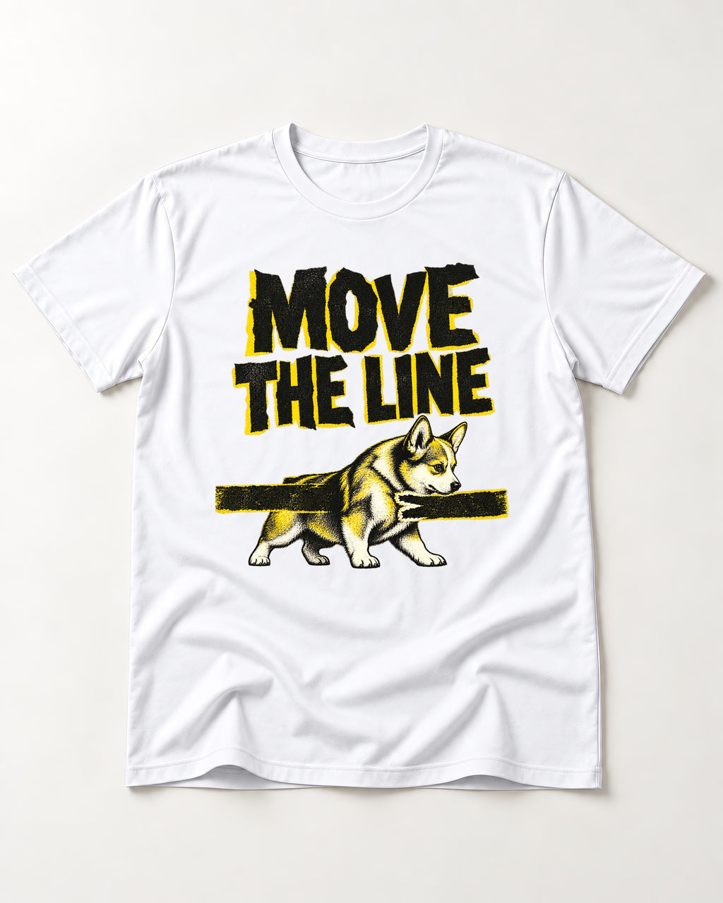 Corgi Move the Line T-Shirt in White, flat lay product photo