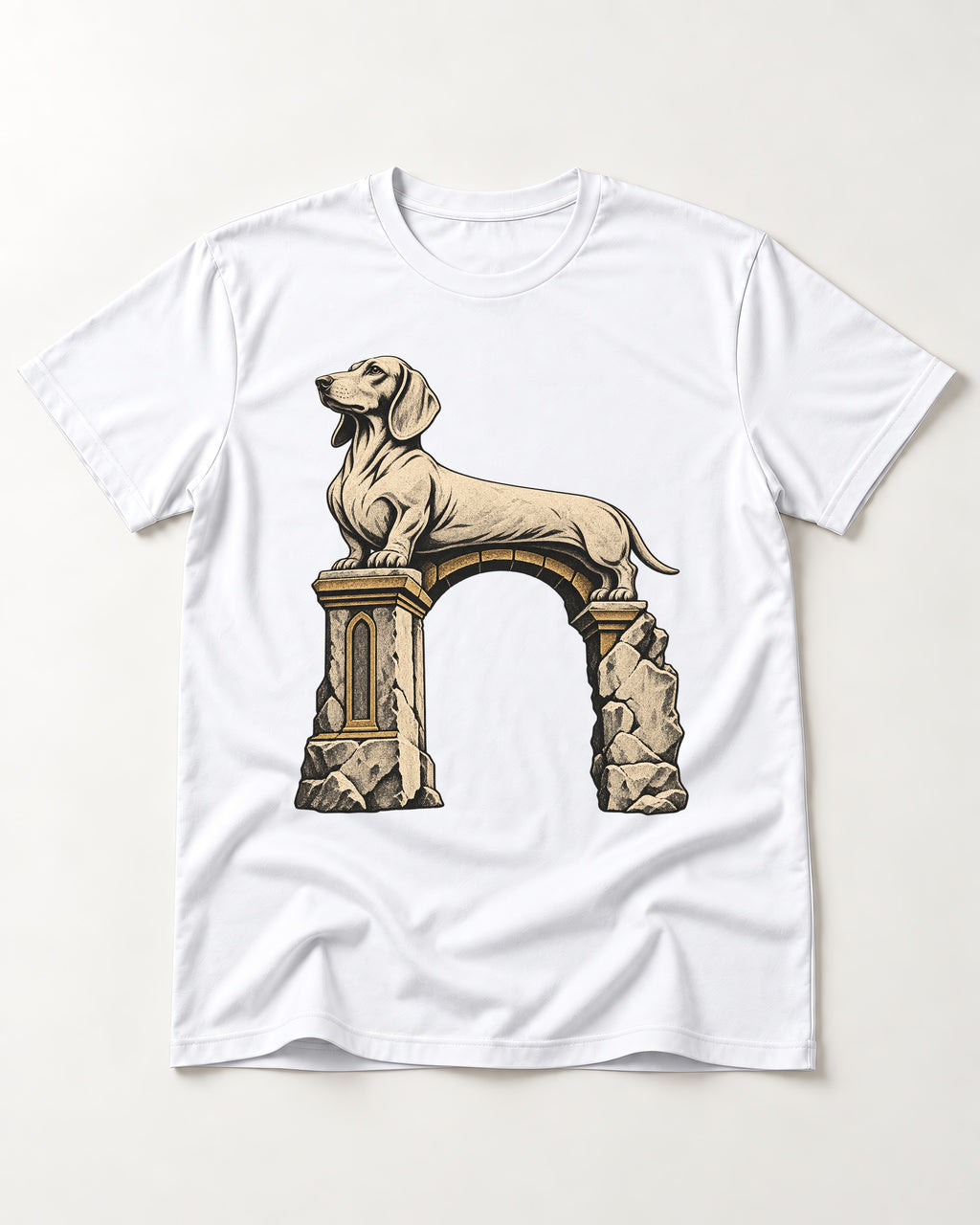 Dachshund Ruined Stone Arch Monument Graphic T-Shirt in White, flat lay product photo