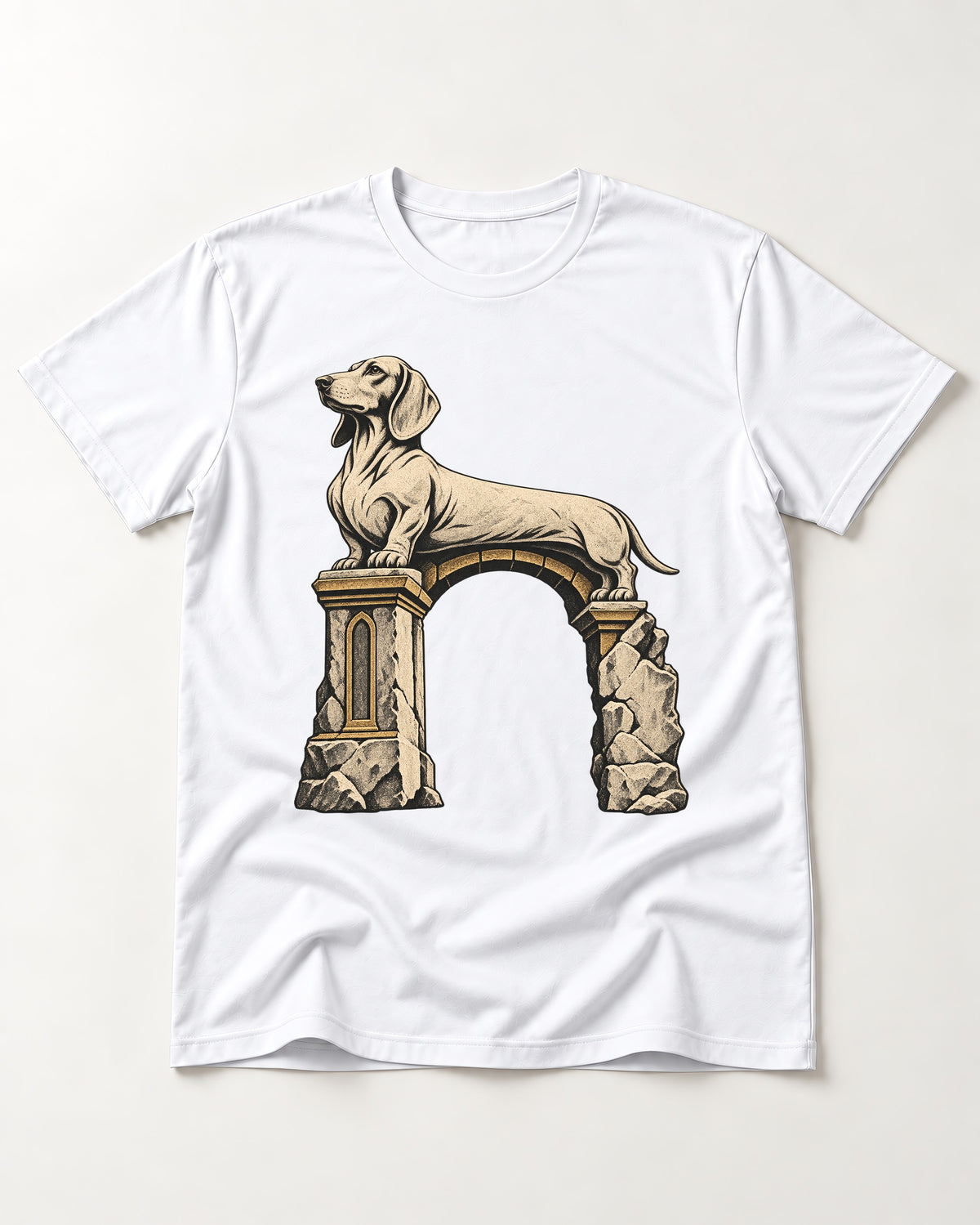 Dachshund Ruined Stone Arch Monument Graphic T-Shirt in White, flat lay product photo
