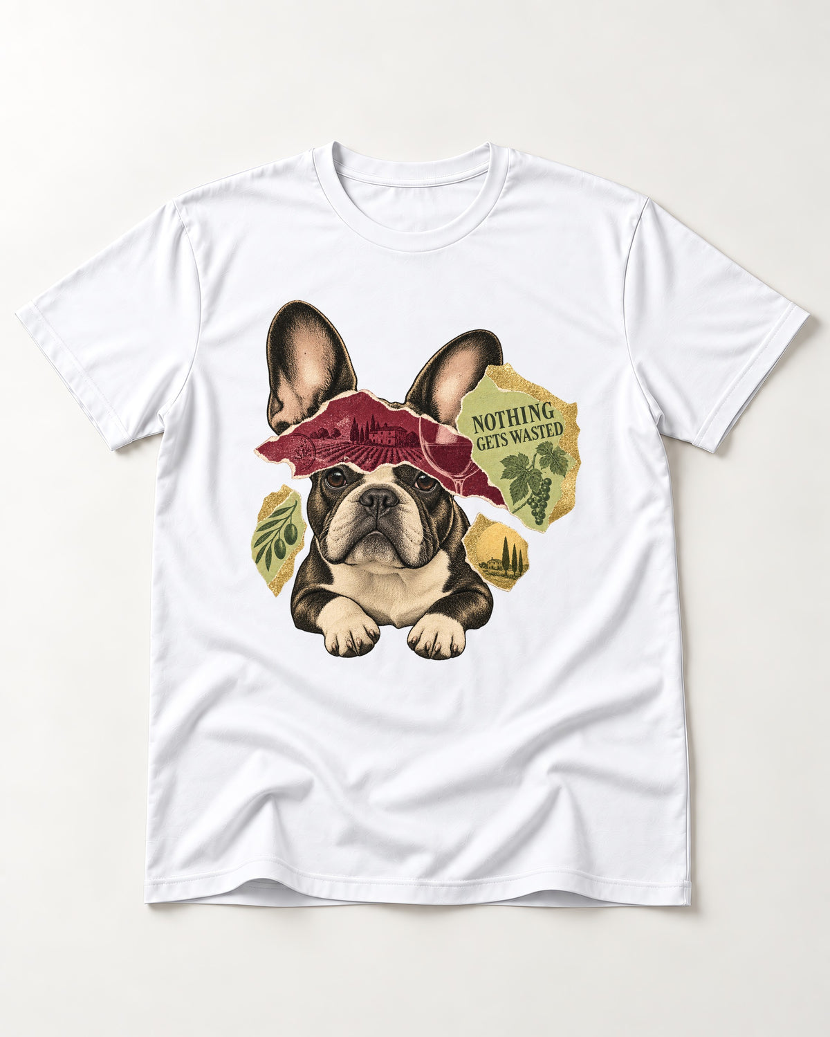 Nothing Gets Wasted with Frenchie T-Shirt in White, flat lay product photo