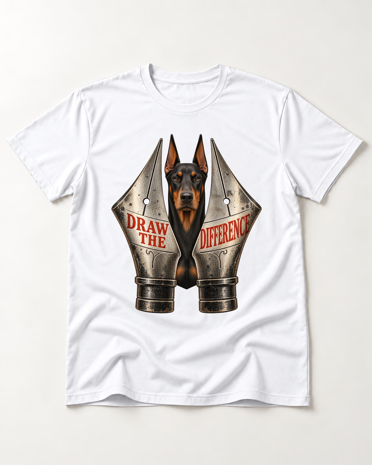 Doberman Draw the Difference T-Shirt in White, flat lay product photo