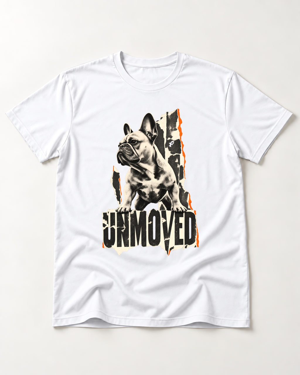 Frenchie Unmoved Torn Poster Graphic T-Shirt in White, flat lay product photo