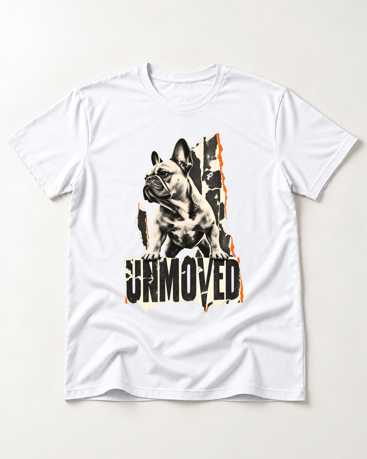 Frenchie Unmoved Torn Poster Graphic T-Shirt in White, flat lay product photo