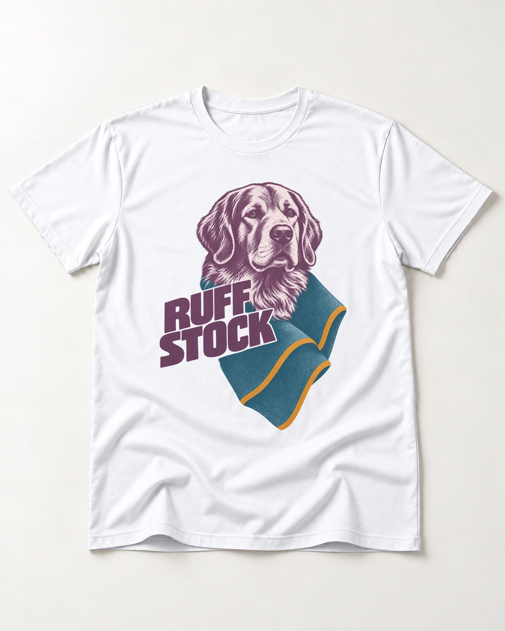 Golden Retriever Ruff Stock T-Shirt in White, flat lay product photo