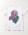 Golden Retriever Ruff Stock T-Shirt in White, flat lay product photo