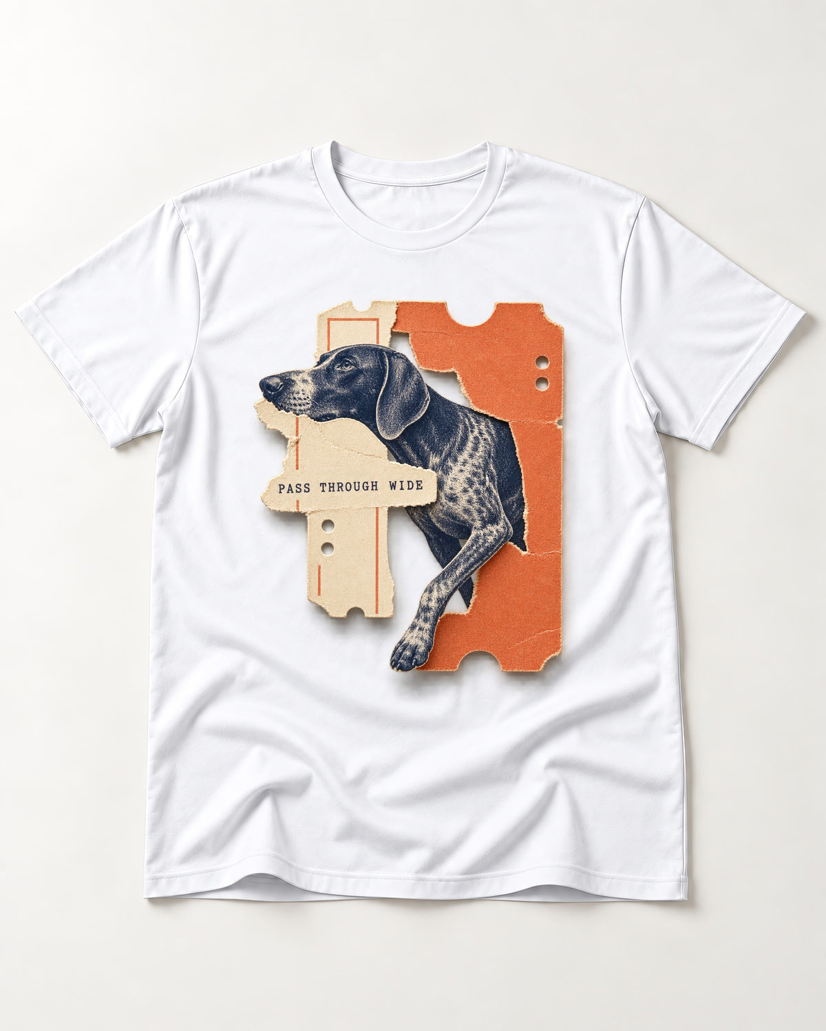German Shorthaired Pointer Pass Through Wide Ticket Graphic T-Shirt in White, flat lay product photo