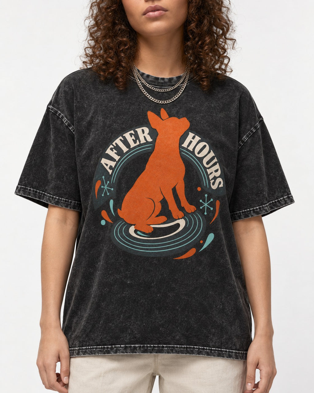 After Hours Boston Terrier Record Graphic Washed Tee in Black, worn by a model, front view