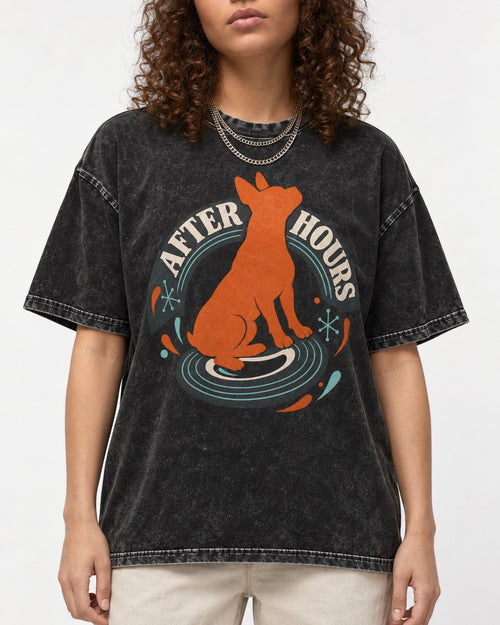 After Hours Boston Terrier Washed Tee in Black, worn by a model, front view