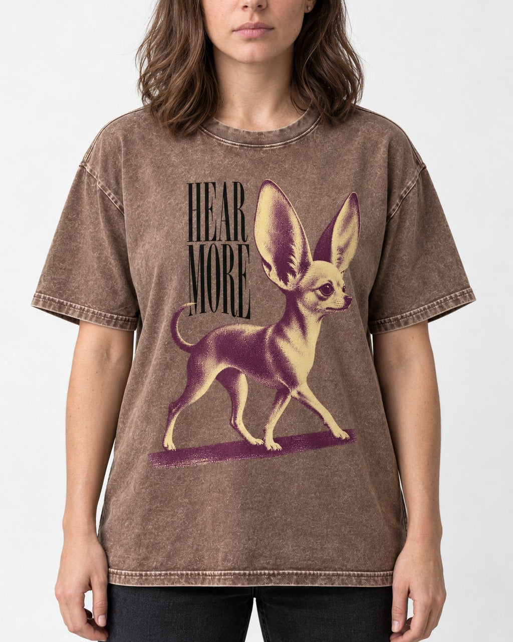 Hear More Chihuahua Washed Tee in Coffee, worn by a model, front view
