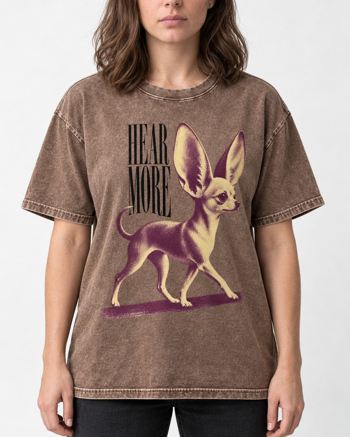 Hear More Chihuahua Washed Tee in Coffee, worn by a model, front view