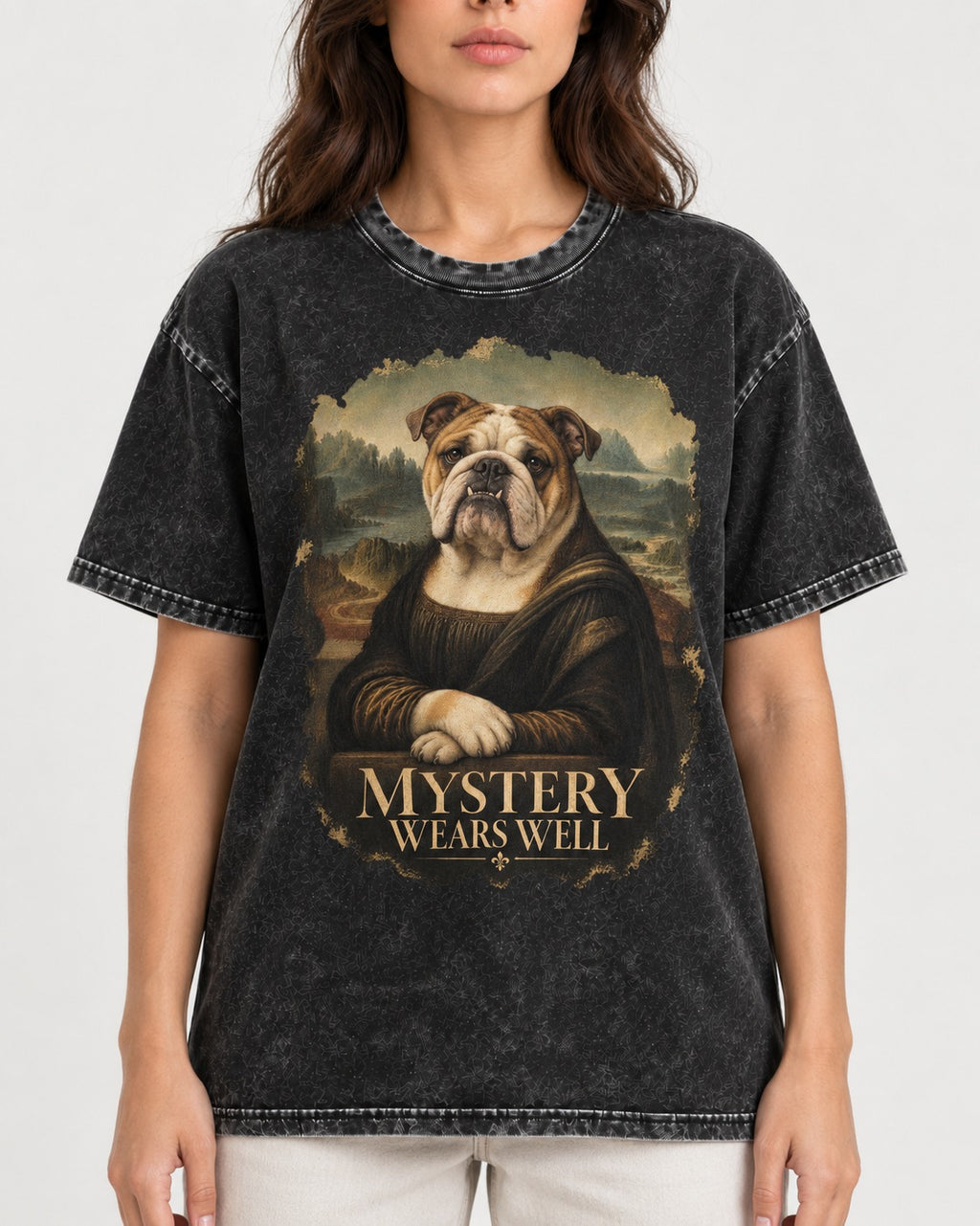 English Bulldog Mystery Wears Well Mona Lisa Portrait Washed Tee in Black, worn by a model, front view