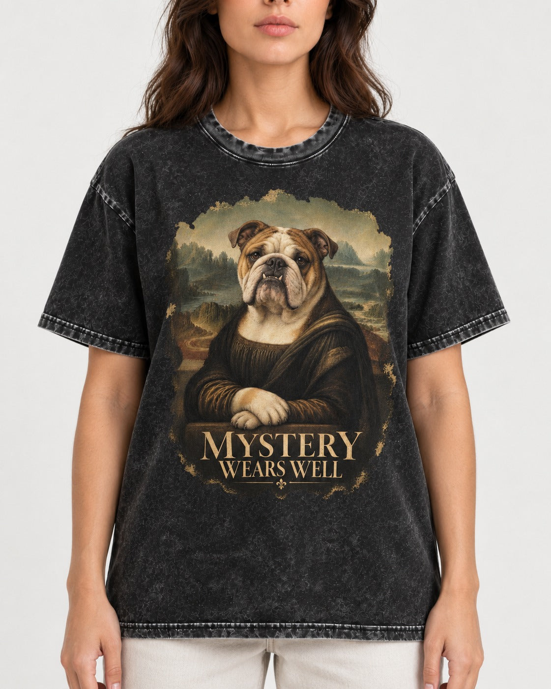 English Bulldog Mystery Wears Well Mona Lisa Portrait Washed Tee in Black, worn by a model, front view