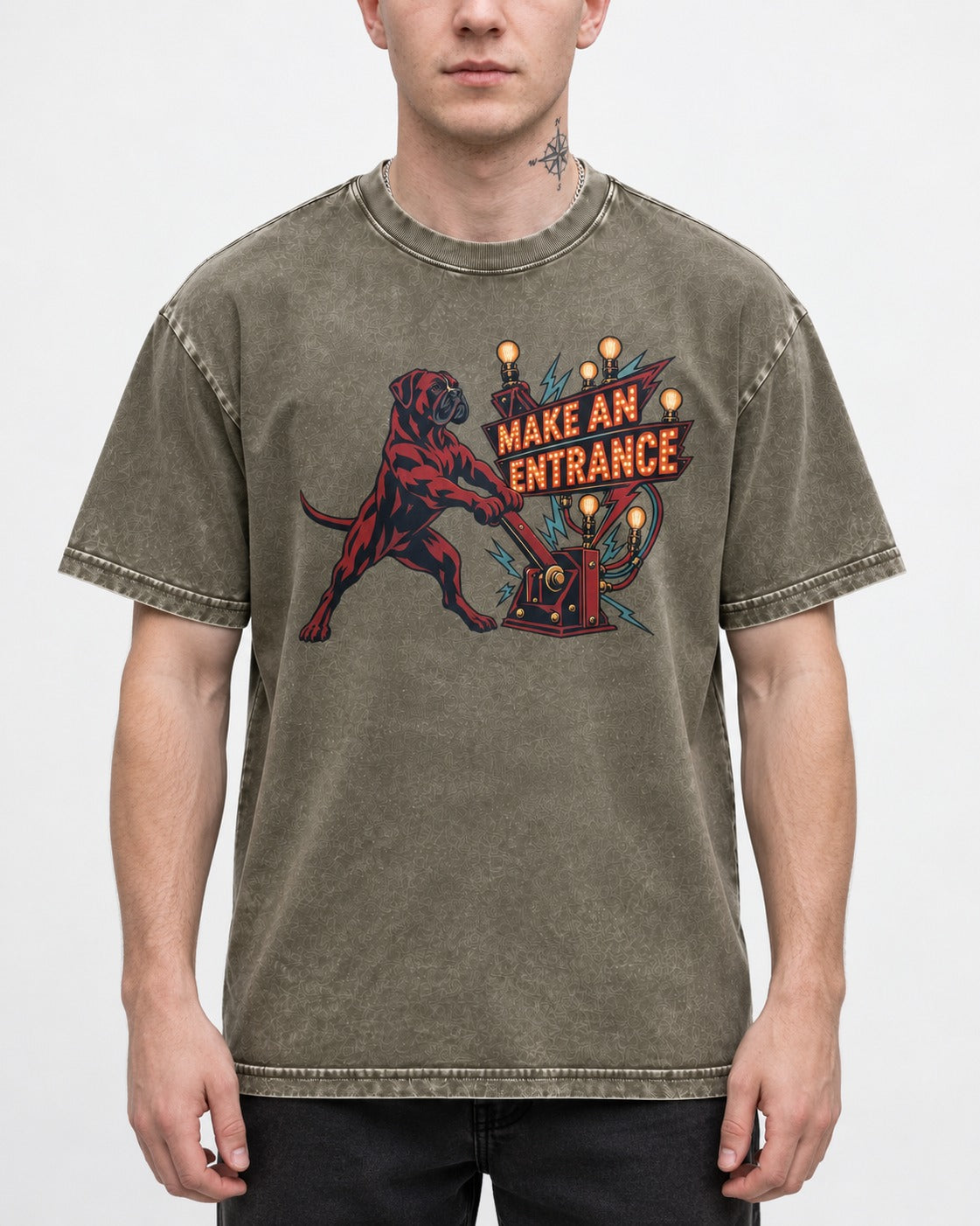 Boxer Make an Entrance Washed Tee in Army Green, worn by a model, front view