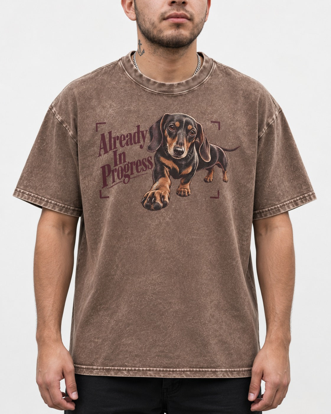 Dachshund Already in Progress Washed Tee in Coffee, worn by a model, front view
