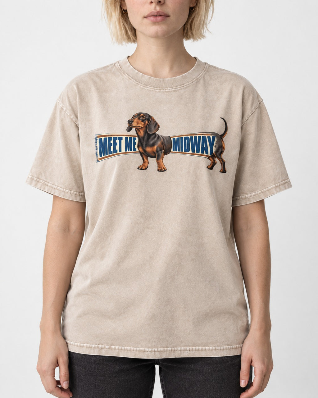 Dachshund Meet Me Midway Washed Tee in Apricot, worn by a model, front view