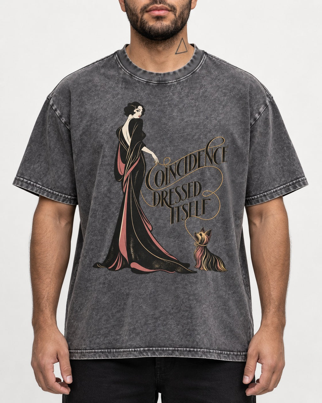 Yorkshire Terrier Coincidence Dressed Itself Art Deco Graphic Washed Tee in Gray, worn by a model, front view