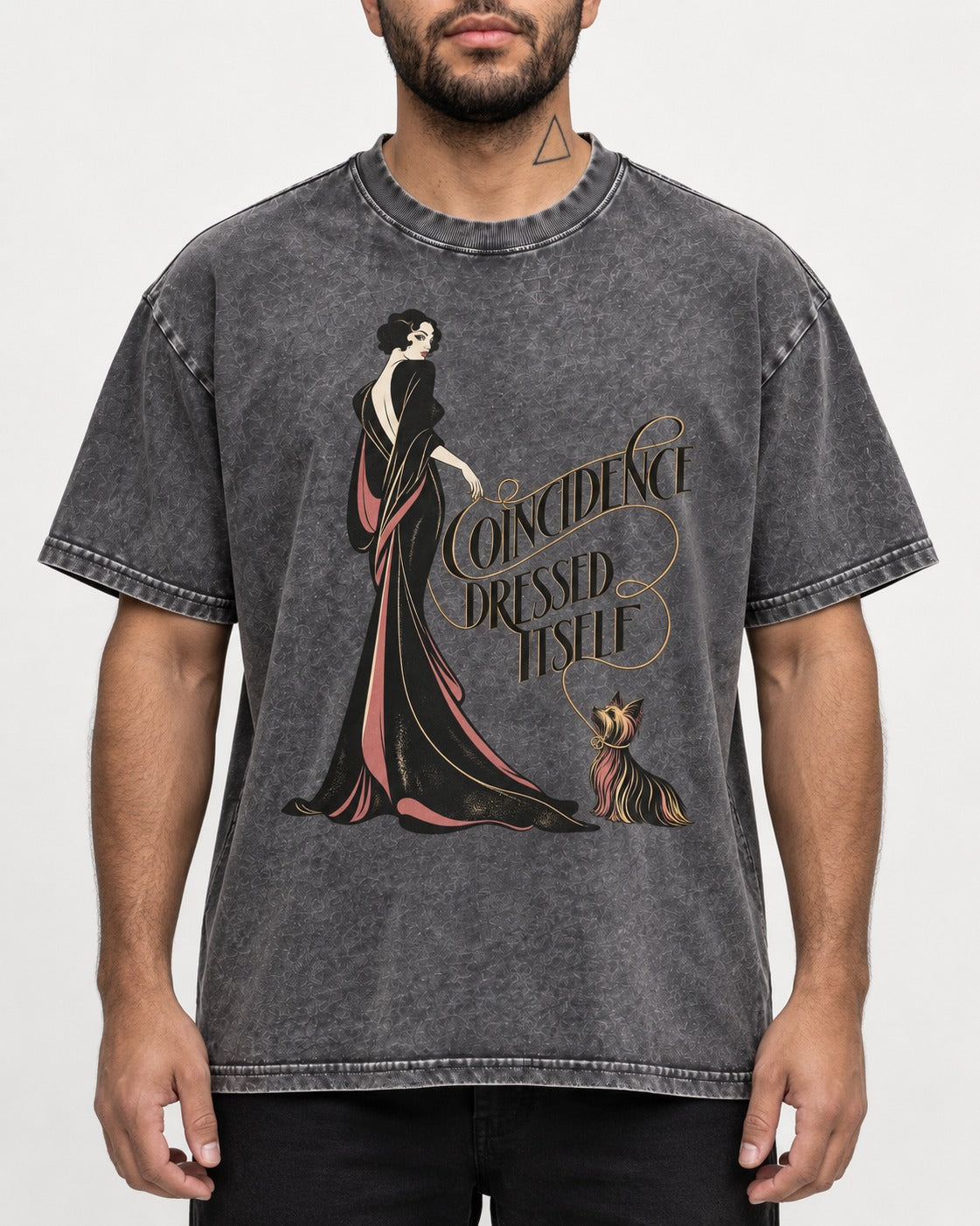 Yorkshire Terrier Coincidence Dressed Itself Art Deco Graphic Washed Tee in Gray, worn by a model, front view