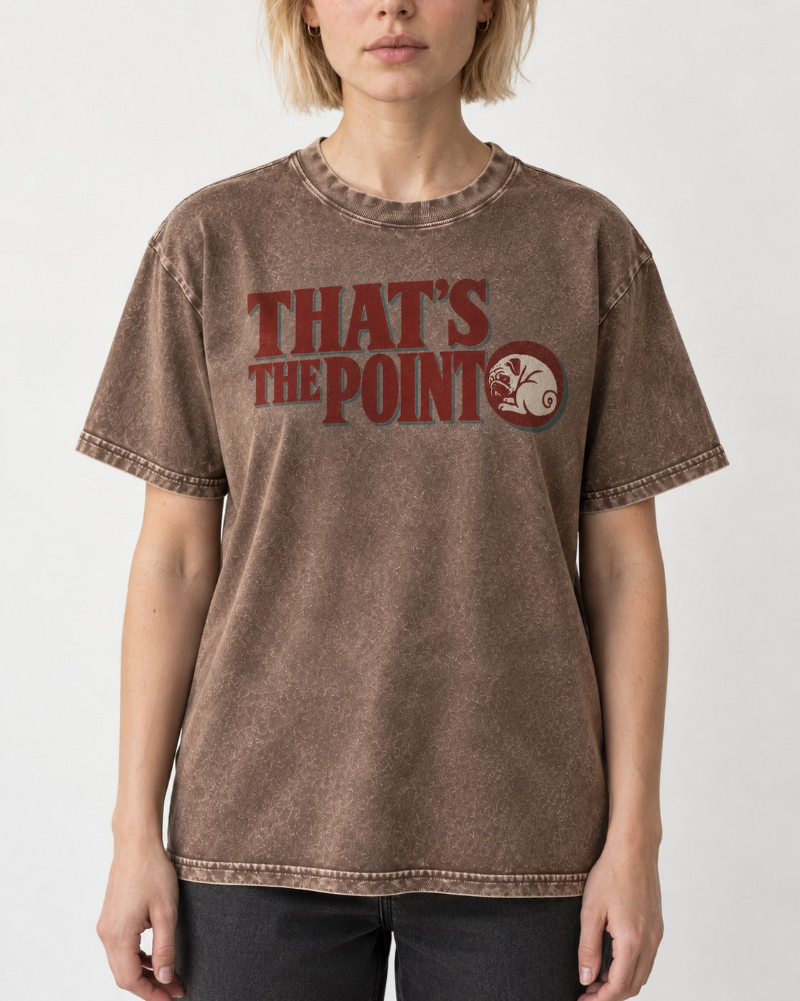 Pug's the Point Washed Tee in Coffee, worn by a model, front view