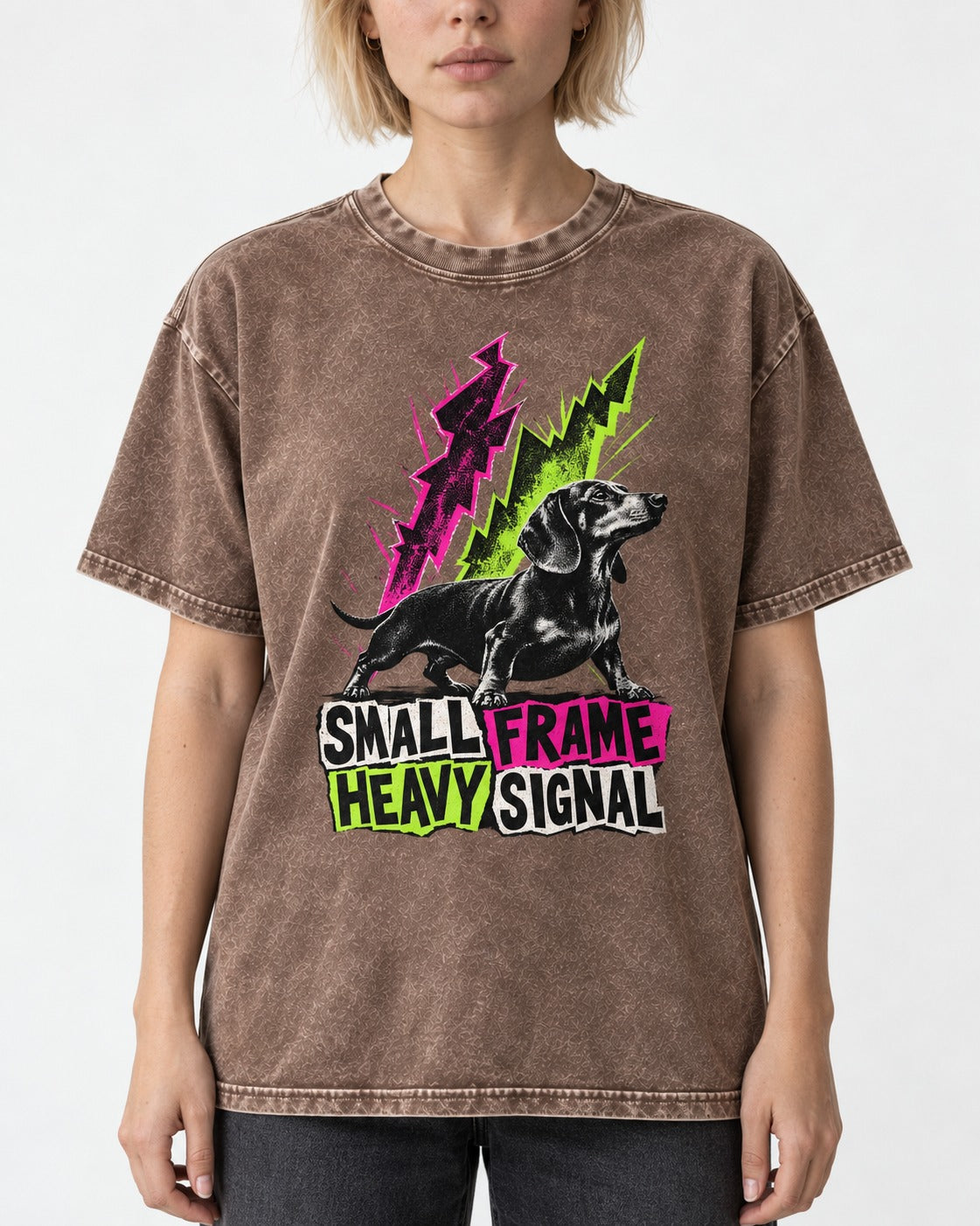 Dachshund Small Frame Heavy Signal Washed Tee in Coffee, worn by a model, front view
