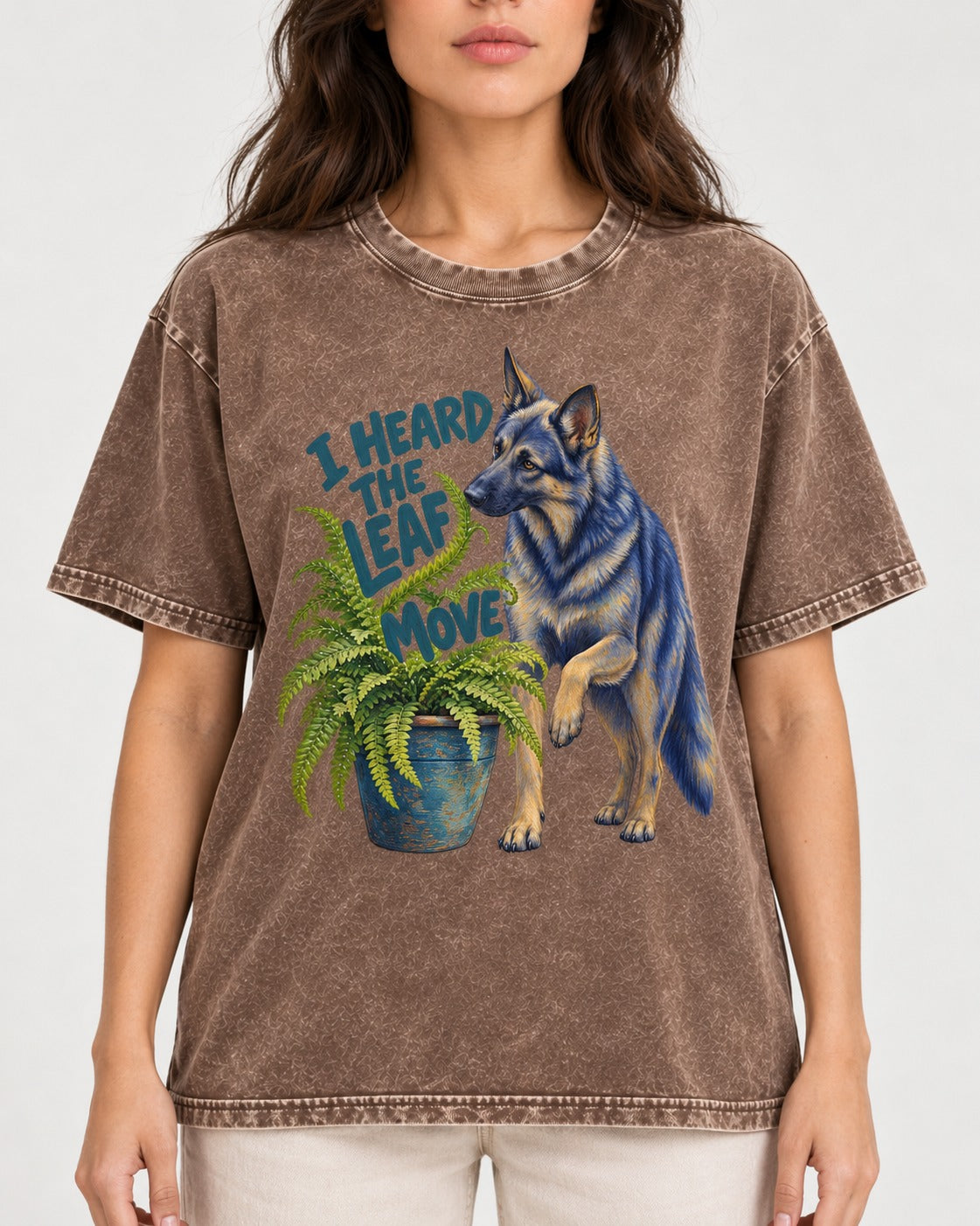 German Shepherd Dog Heard the Leaf Move Washed Tee in Coffee, worn by a model, front view