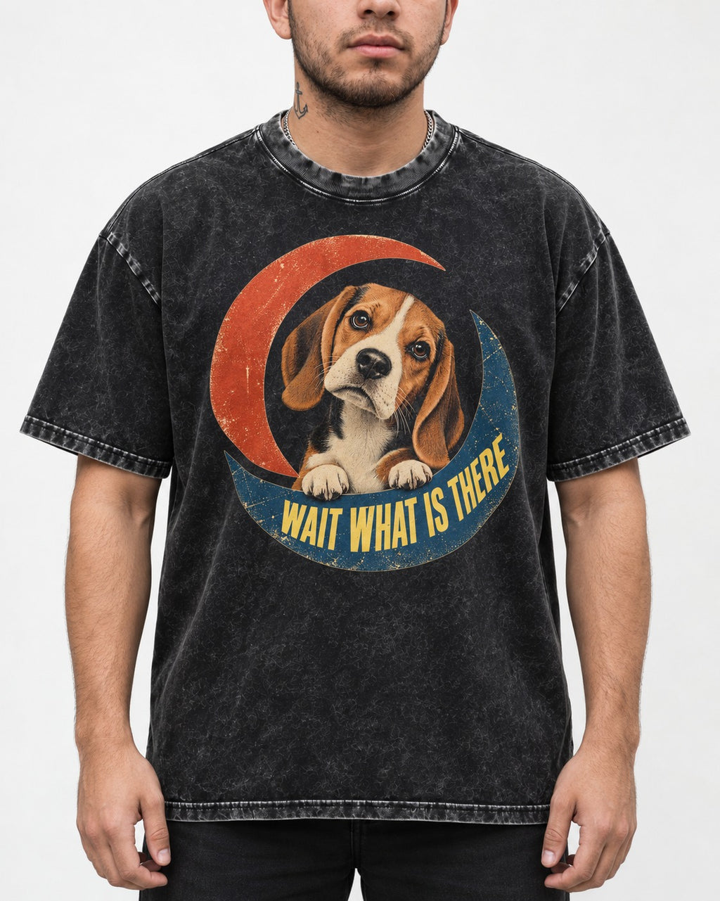 Wait What Is There Beagle Crescent Washed Tee in Black, worn by a model, front view