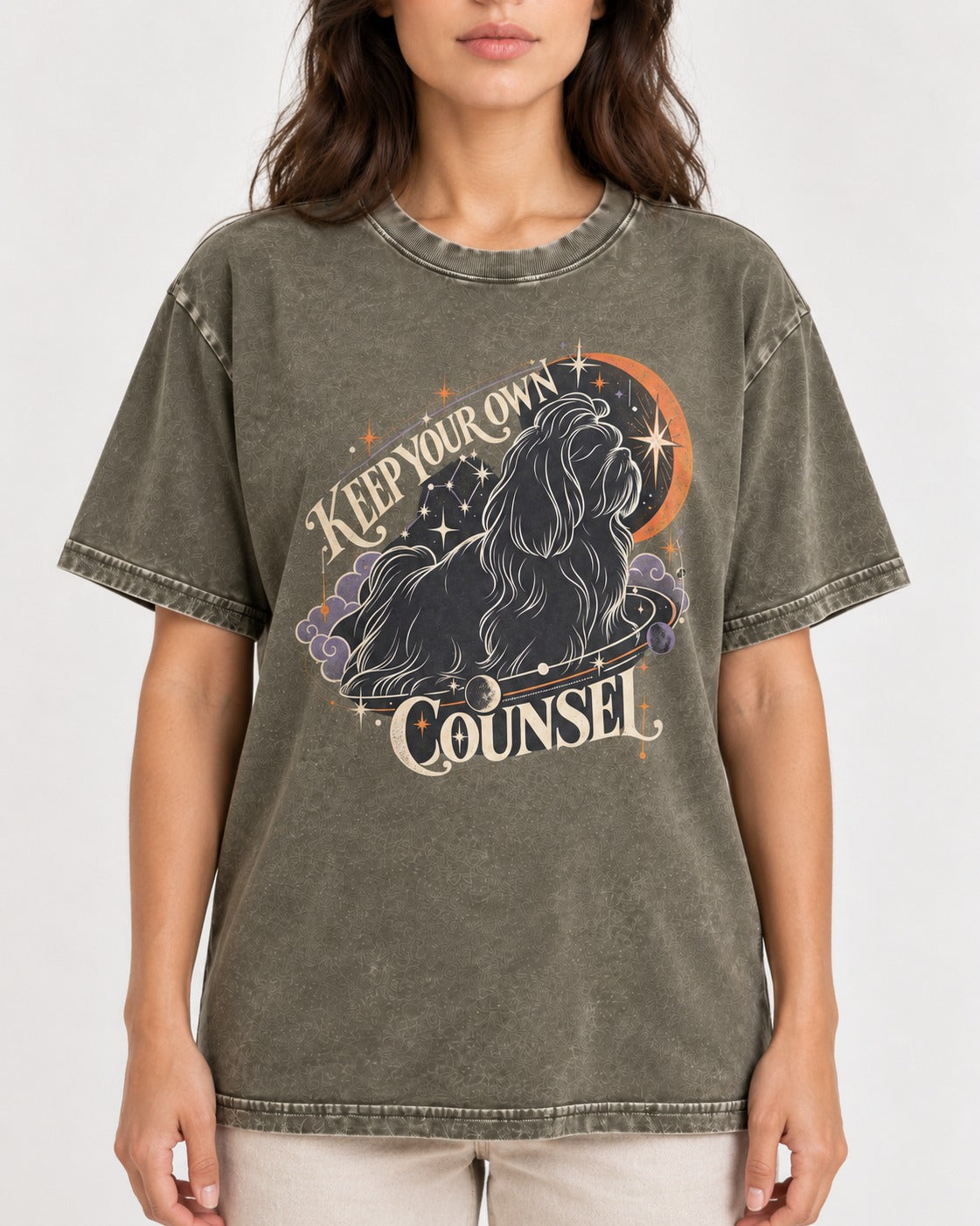 Shih Tzu Keep Your Own Counsel Celestial Graphic Washed Tee in Army Green, worn by a model, front view