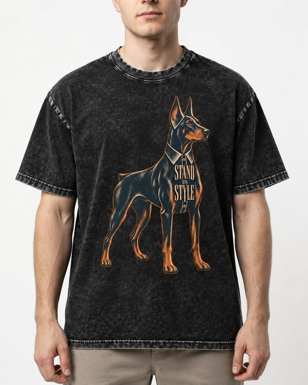 Doberman Stand in Style Suit Graphic Washed Tee in Black, worn by a model, front view