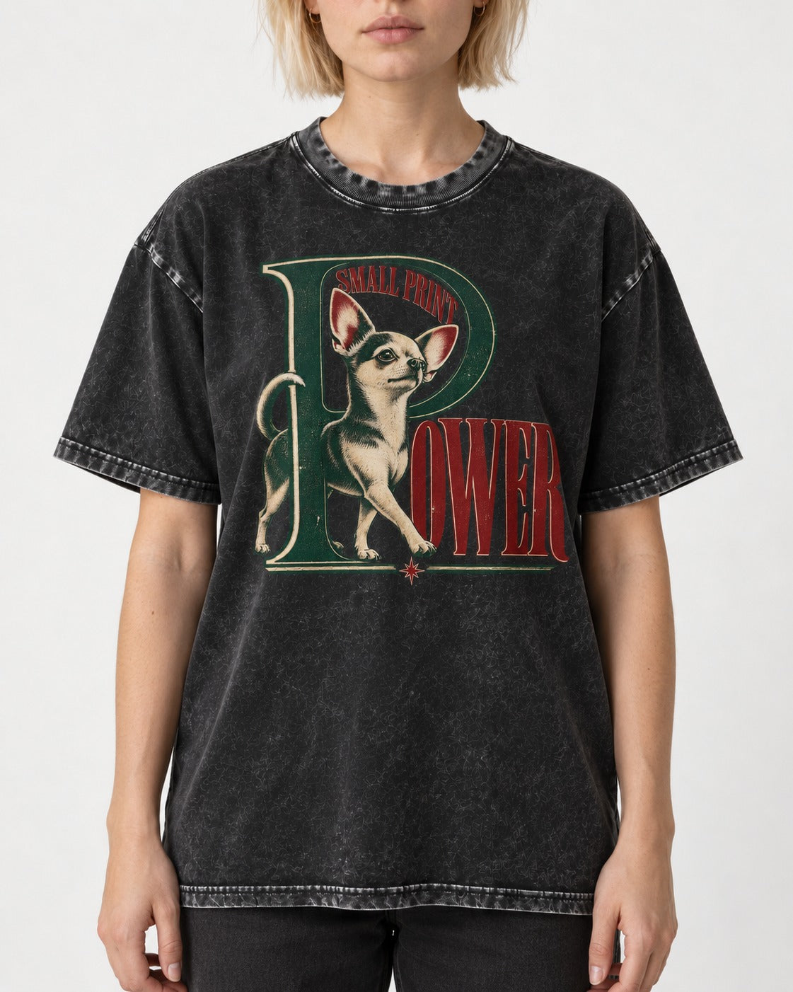 Chihuahua Small Print Power Monogram Graphic Washed Tee in Black, worn by a model, front view