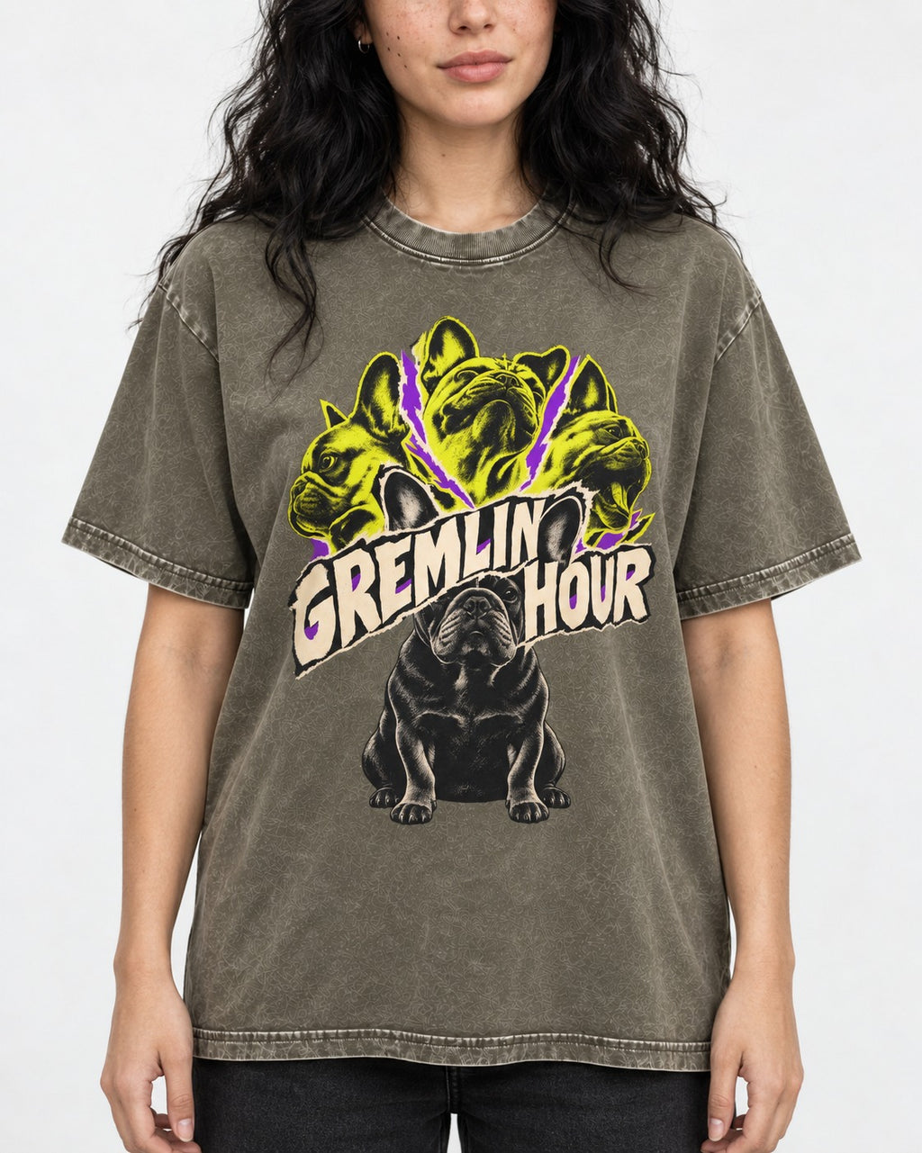 Frenchie Gremlin Hour Multi Portrait Graphic Washed Tee in Army Green, worn by a model, front view