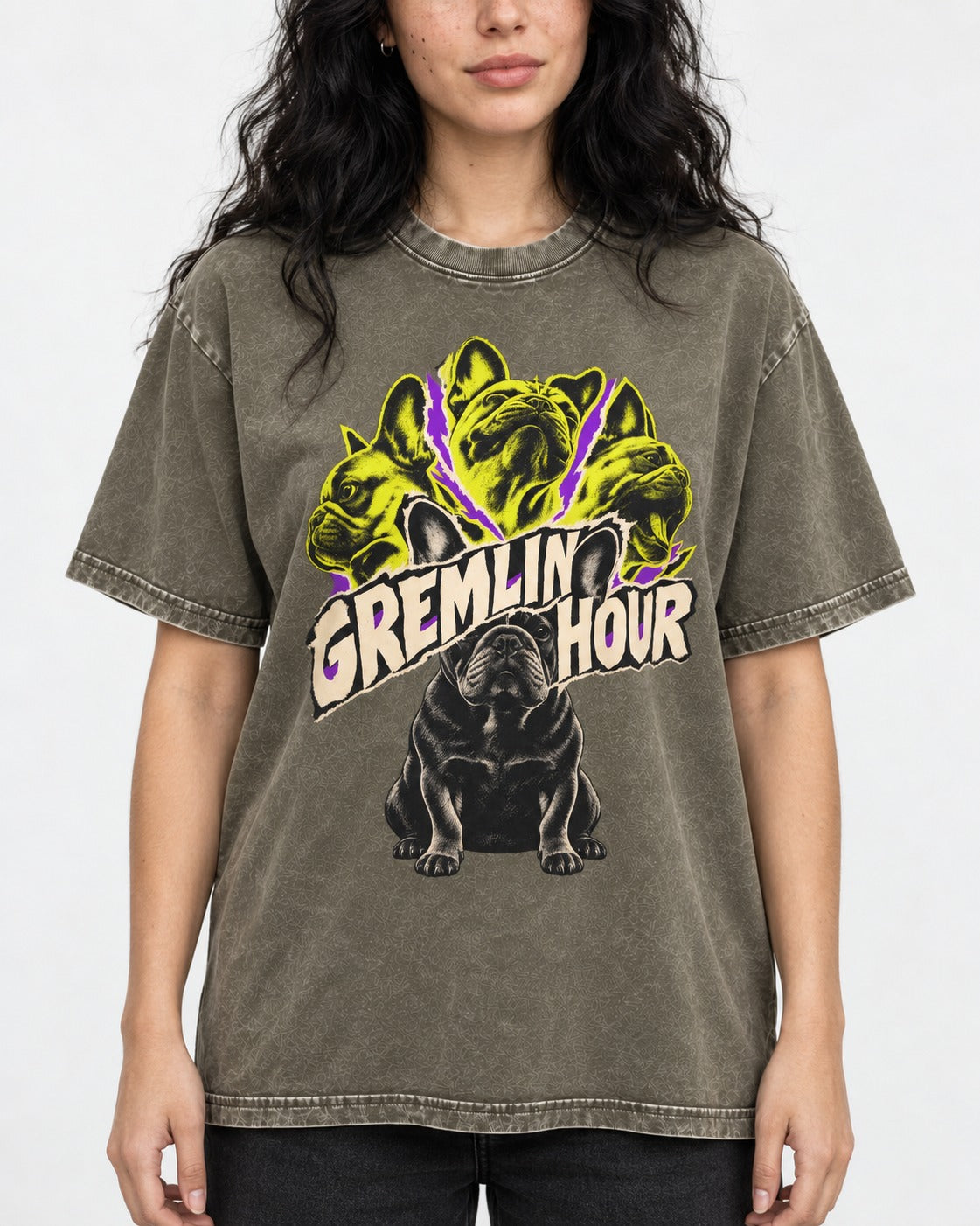 Frenchie Gremlin Hour Multi Portrait Graphic Washed Tee in Army Green, worn by a model, front view