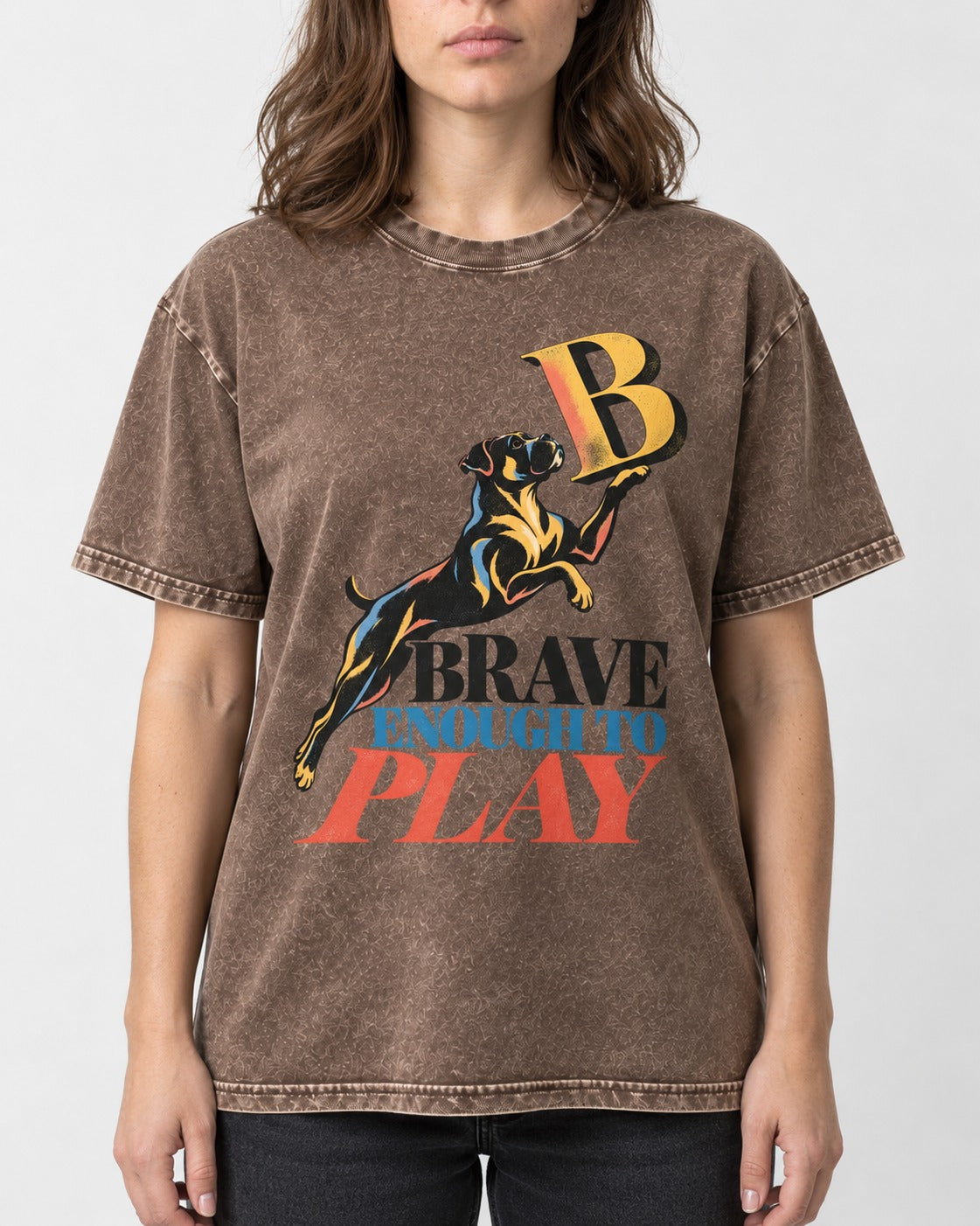 Boxer Brave Enough to Play Washed Tee in Coffee, worn by a model, front view