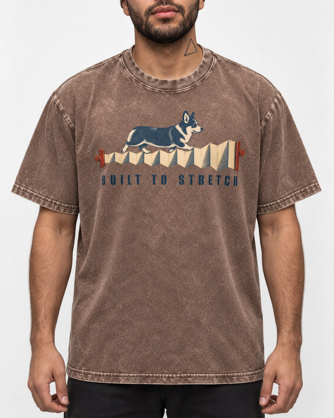 Corgi Built to Stretch Accordion Graphic Washed Tee in Coffee, worn by a model, front view