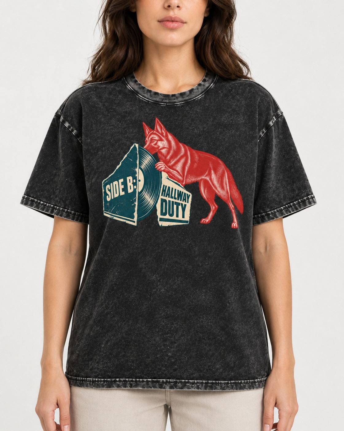 Side B Hallway Duty Vinyl Record German Shepherd Dog Graphic Washed Tee in Black, worn by a model, front view