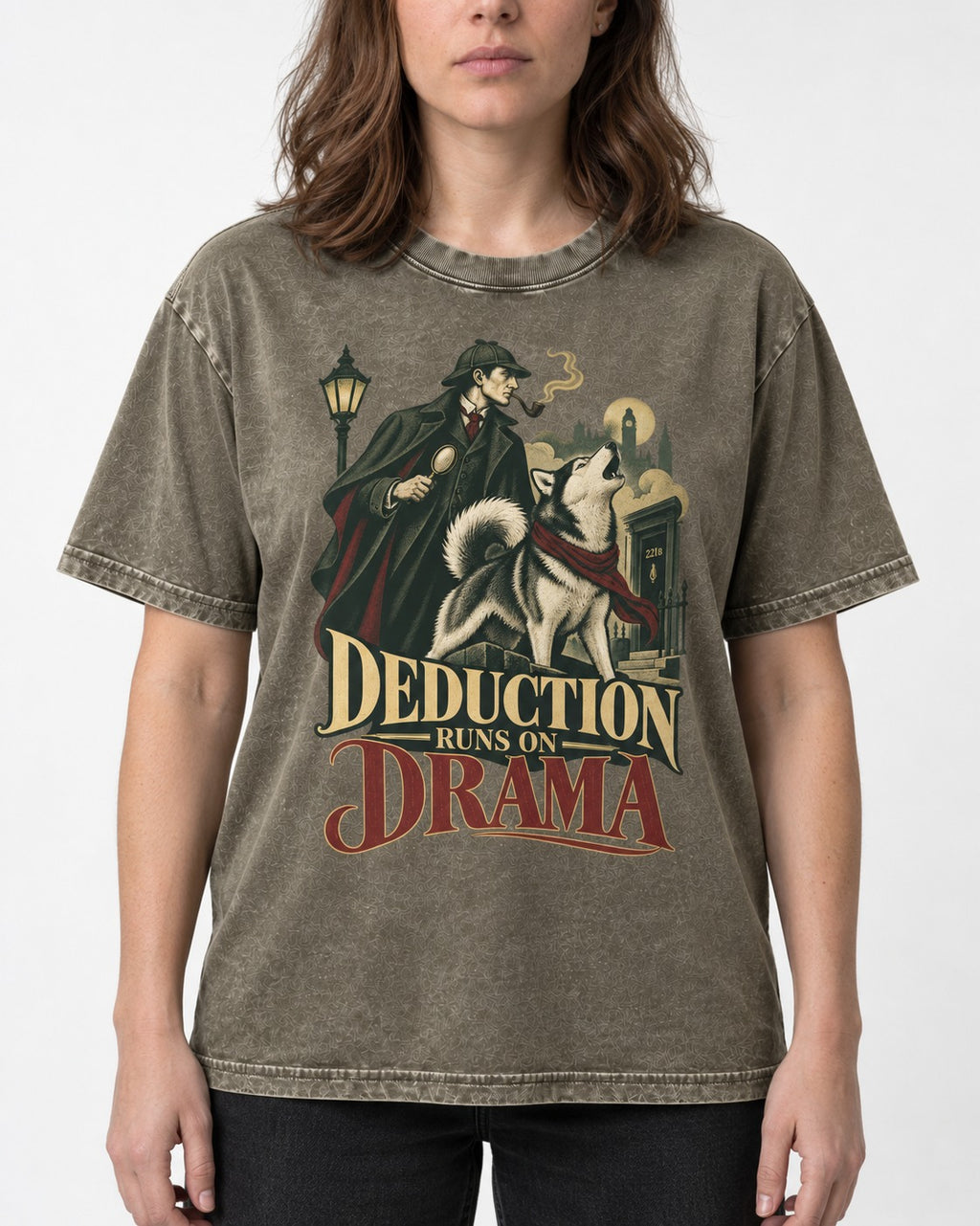 Husky Deduction Runs on Drama Detective Graphic Washed Tee in Army Green, worn by a model, front view