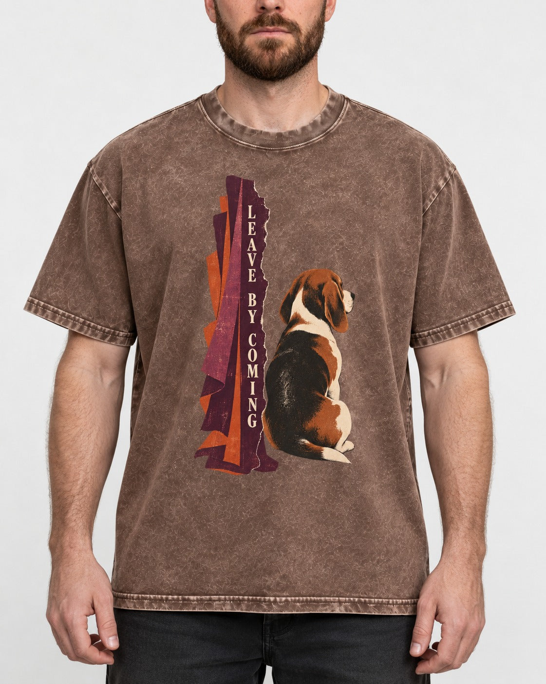 Leave By Coming Beagle Companion Washed Tee in Coffee, worn by a model, front view
