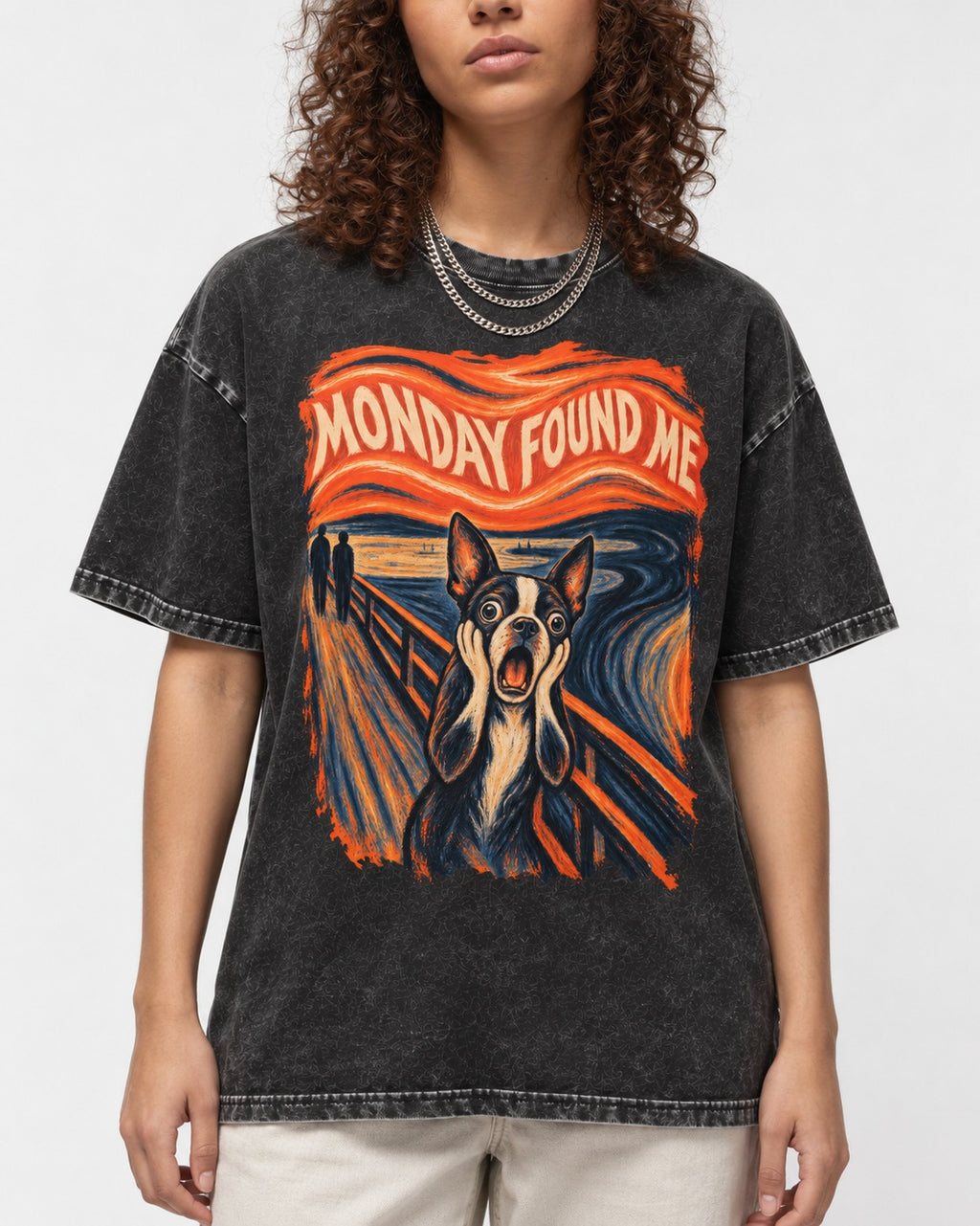 Monday Found Me Boston Terrier Scream Graphic Washed Tee in Black, worn by a model, front view