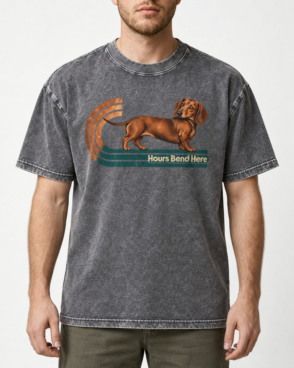 Dachshund Hours Bend Here Retro Track Graphic Washed Tee in Gray, worn by a model, front view