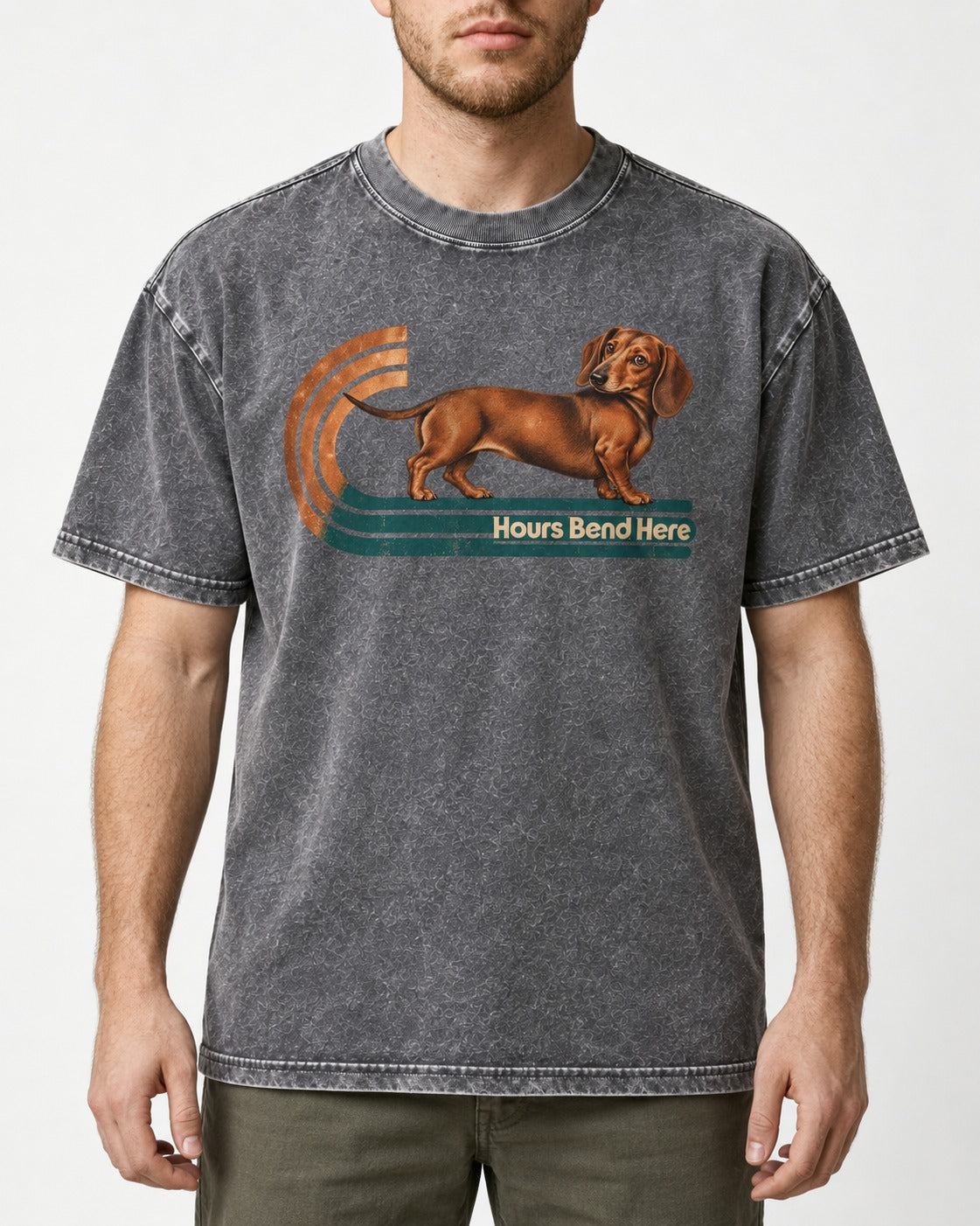 Dachshund Hours Bend Here Retro Track Graphic Washed Tee in Gray, worn by a model, front view