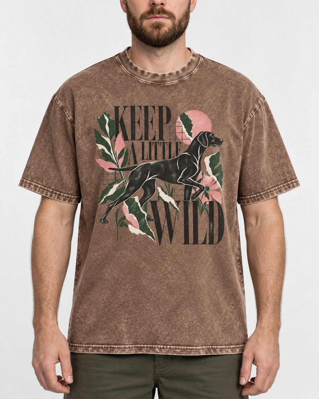 Keep a Little Wild German Shorthaired Pointer Washed Tee in Coffee, worn by a model, front view