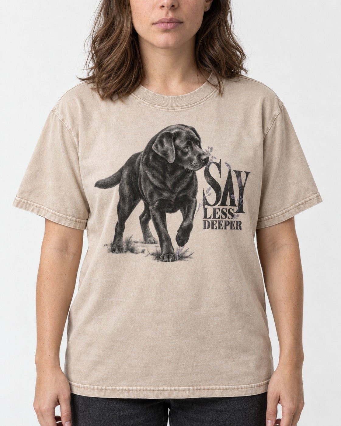 Say Less Deeper Labrador Retriever Washed Tee in Apricot, worn by a model, front view