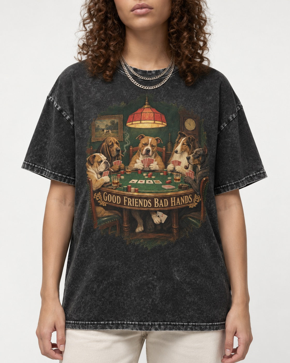 Pitbull Good Friends Bad Hands Poker Night Graphic Washed Tee in Black, worn by a model, front view