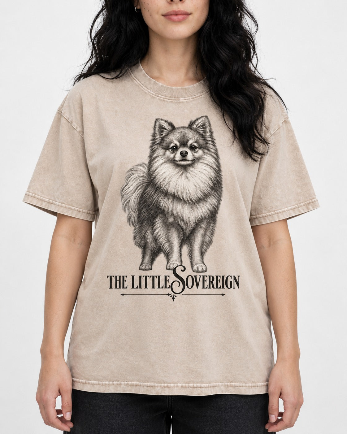 The Little Sovereign Pomeranian Washed Tee in Apricot, worn by a model, front view