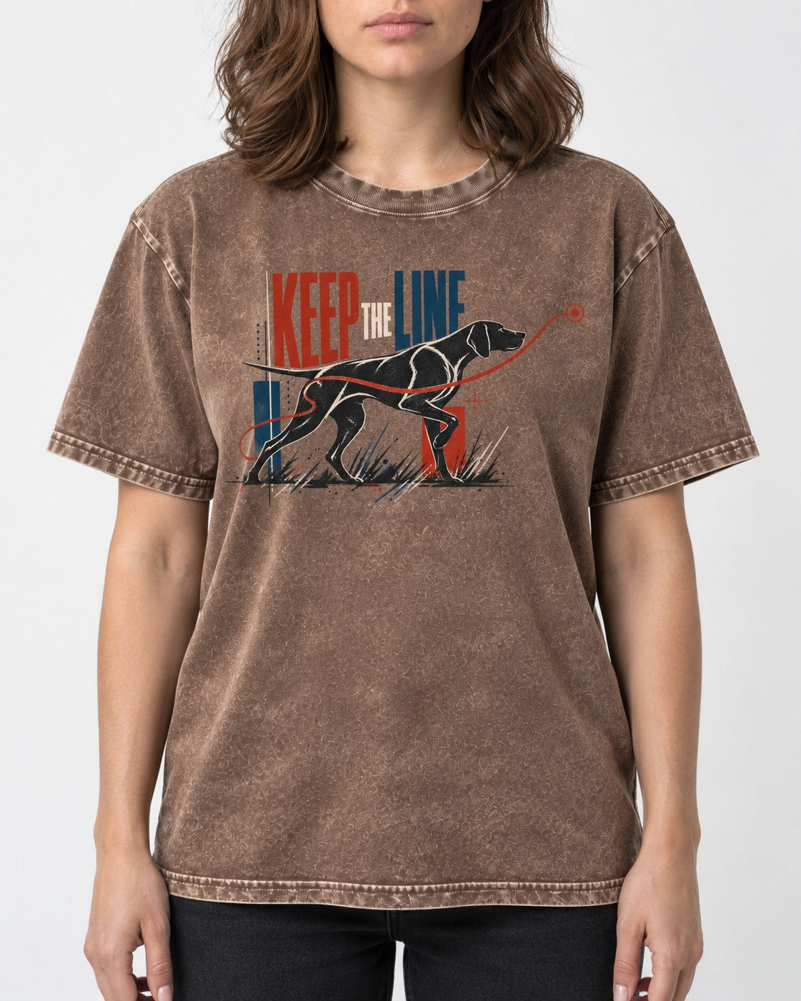 Keep the Line German Shorthaired Pointer Washed Tee in Coffee, worn by a model, front view