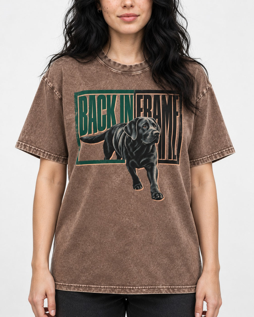 Labrador Retriever Back in Frame Washed Tee in Coffee, worn by a model, front view